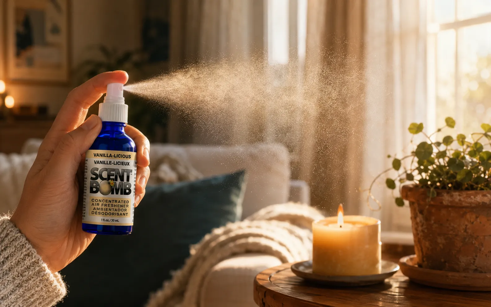 Scent Bomb air freshener used in a cozy living room — long-lasting home fragrance
