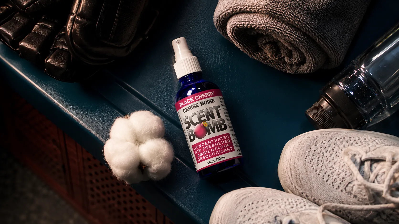 Scent Bomb air freshener spray bottle on a clean modern surface