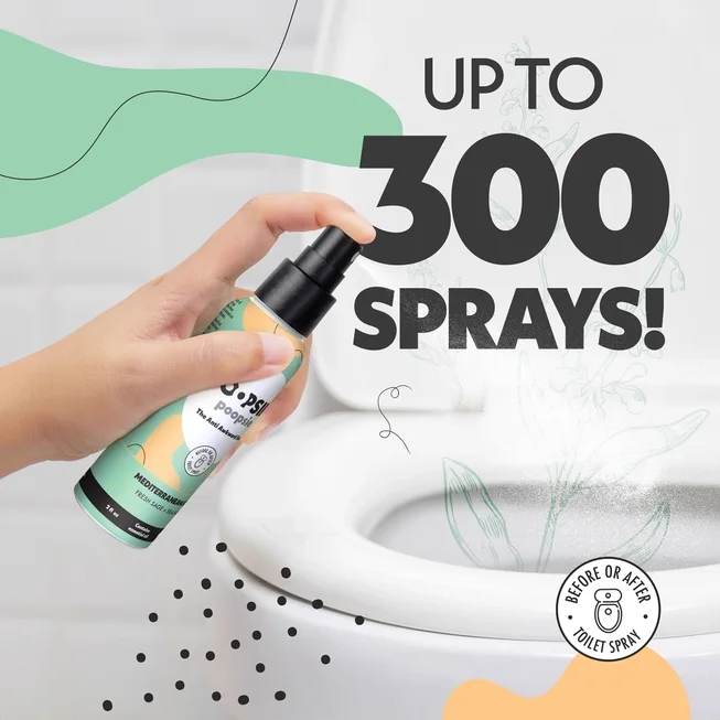 A hand spraying Oopsie Poopsie into a toilet bowl before use
